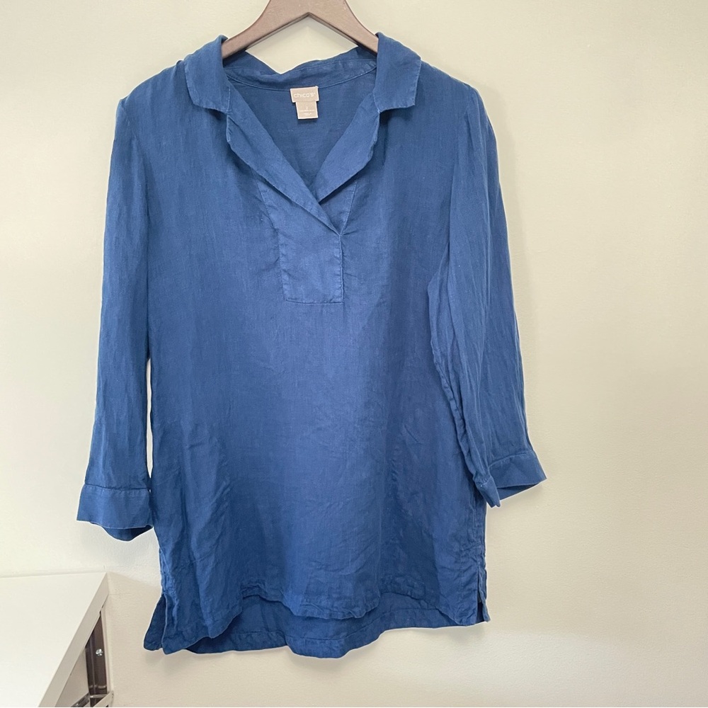 Chicos 100% Linen Shirt 2 12/14 Navy Blue Pullover Tunic Shirt Pockets - Picture 2 of 9